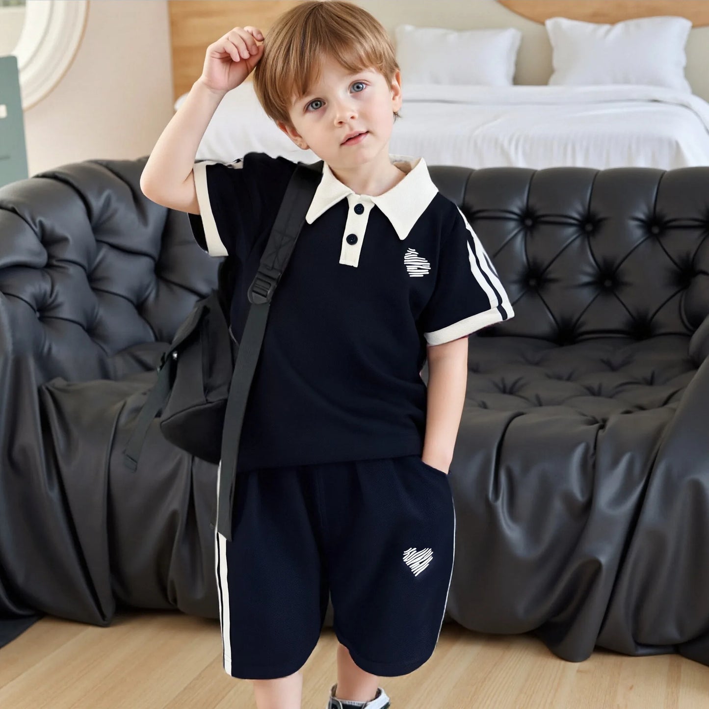 2025 Summer Children Boys 2PCS Clothes Set Cotton Love Little Boy Polo Shirts Suits Loose Casual Shorts Infant Baby Boys Outfits