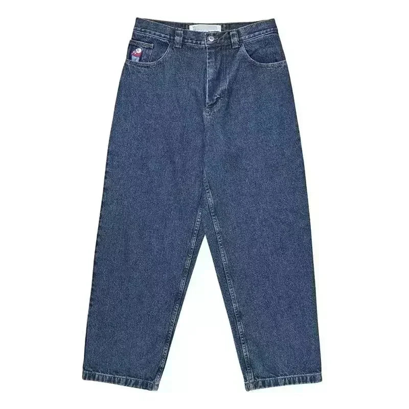 Retro Blue Cartoon Embroidery Jeans Hip Hop Gothic Baggy Streetwear Polar Big Boy Jeans Mens Fashion Wide Leg Trouser