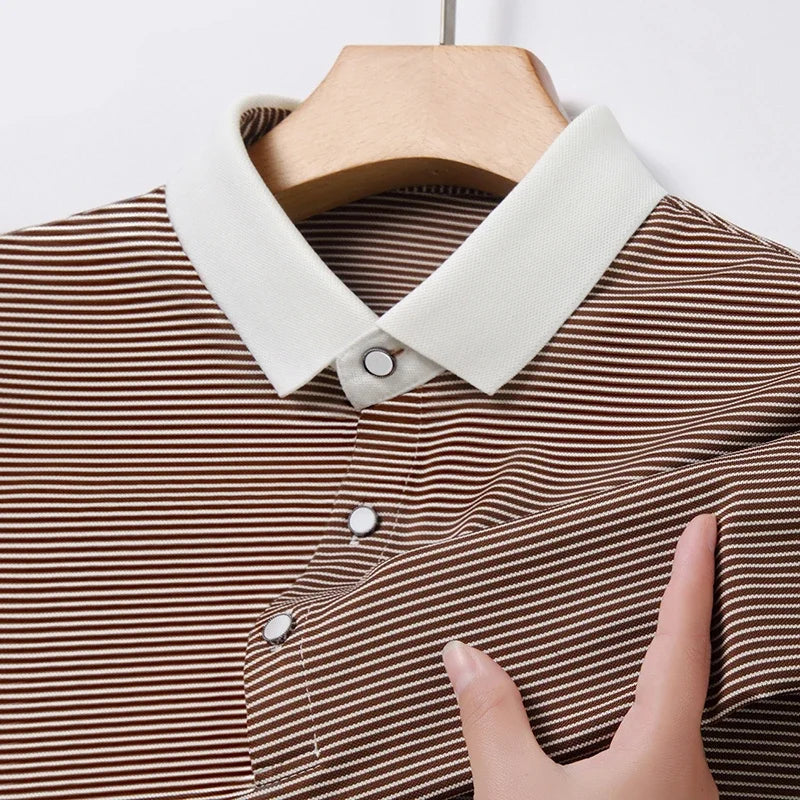 2024 Men's New Striped Cotton Business Casual Short Sleeved POLO Shirt Fashion Short Sleeved Comfortable and Breathable Top