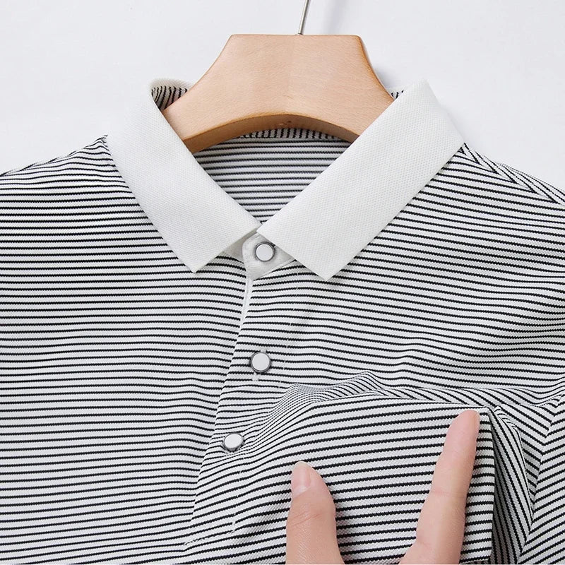 2024 Men's New Striped Cotton Business Casual Short Sleeved POLO Shirt Fashion Short Sleeved Comfortable and Breathable Top