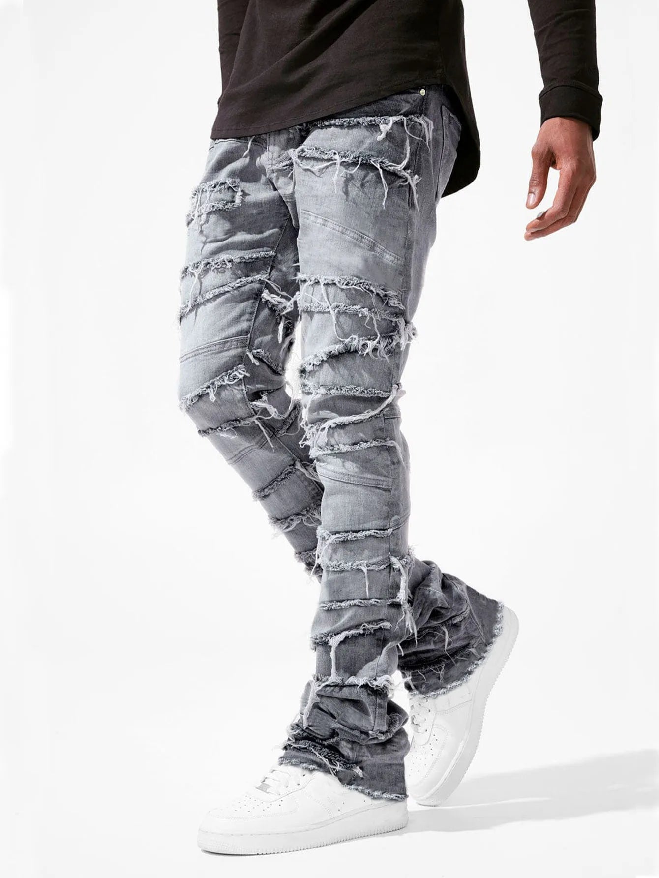 2025 New Stacked Jeans Men Patchworks Spliced Denim Ripped Wash Frayed Pants Male's Streetwear Men‘s Tassel motorcycle jeans