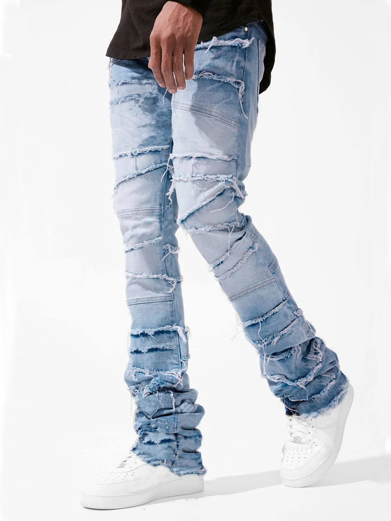 2025 New Stacked Jeans Men Patchworks Spliced Denim Ripped Wash Frayed Pants Male's Streetwear Men‘s Tassel motorcycle jeans