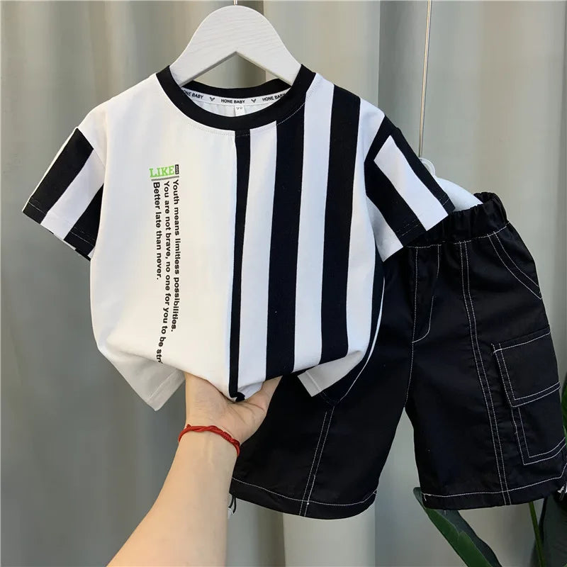 2025 UNITIM Summer Childrens Boys 2PCS Clothing Set Casual Striped Short Sleeve Top Solid Shorts Toddler Baby Boys Outfits