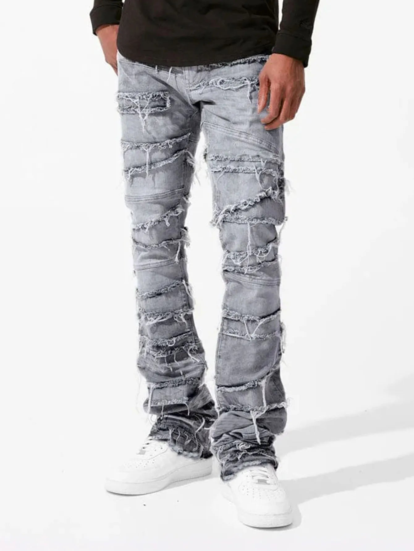 2025 New Stacked Jeans Men Patchworks Spliced Denim Ripped Wash Frayed Pants Male's Streetwear Men‘s Tassel motorcycle jeans