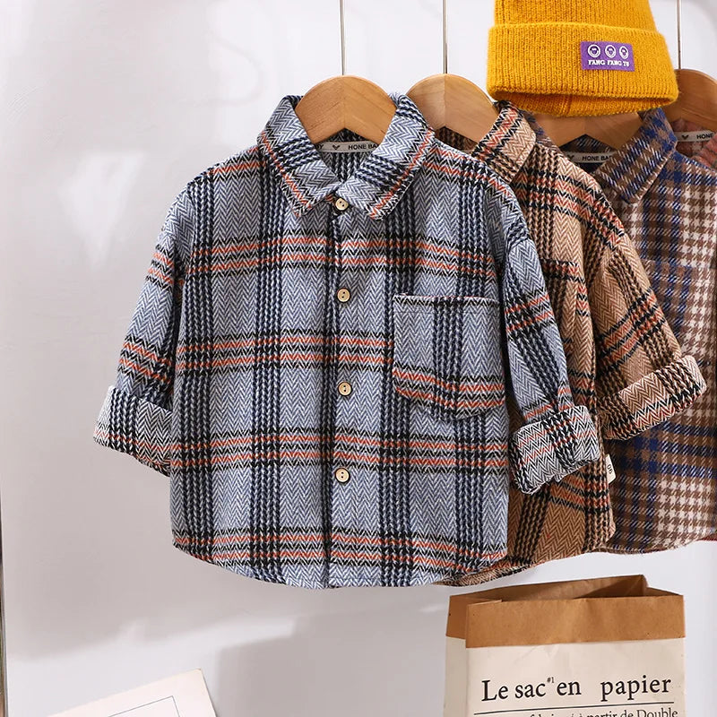 2025 Spring Children Boys Plaid Shirts Cotton Turn Down Collar Casual Toddler Kid Boy Coat Loose Long Sleeve Infant Baby Boy Top