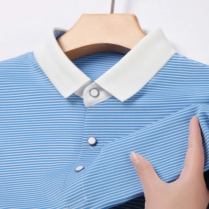 2024 Men's New Striped Cotton Business Casual Short Sleeved POLO Shirt Fashion Short Sleeved Comfortable and Breathable Top