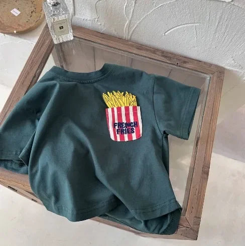 Children's Short Sleeve 2023 Summer New Boys and Girls Cartoon Pocket Short Sleeved T-shirt Baby Cute T-shirt Fashion