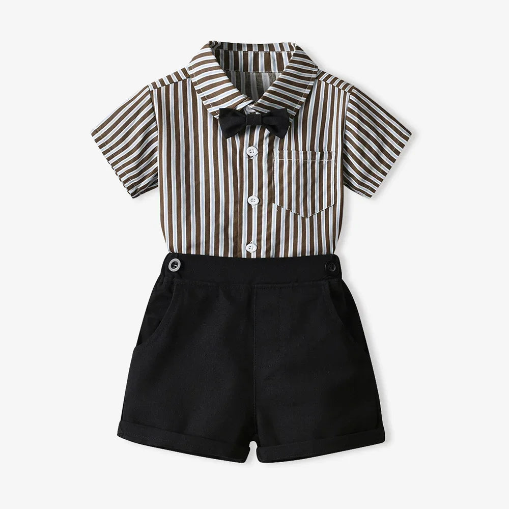 70-140cm Children Boys' Cotton Striped Short-sleeved Shirt and Shorts with Straps Set Baby Boy' Summer Outfits