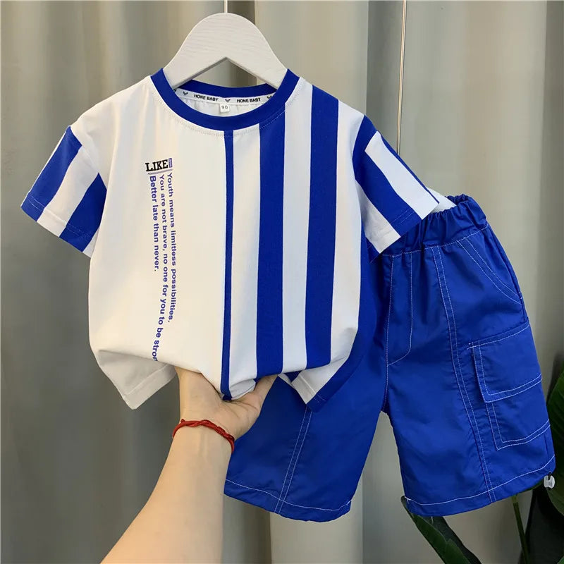 2025 UNITIM Summer Childrens Boys 2PCS Clothing Set Casual Striped Short Sleeve Top Solid Shorts Toddler Baby Boys Outfits