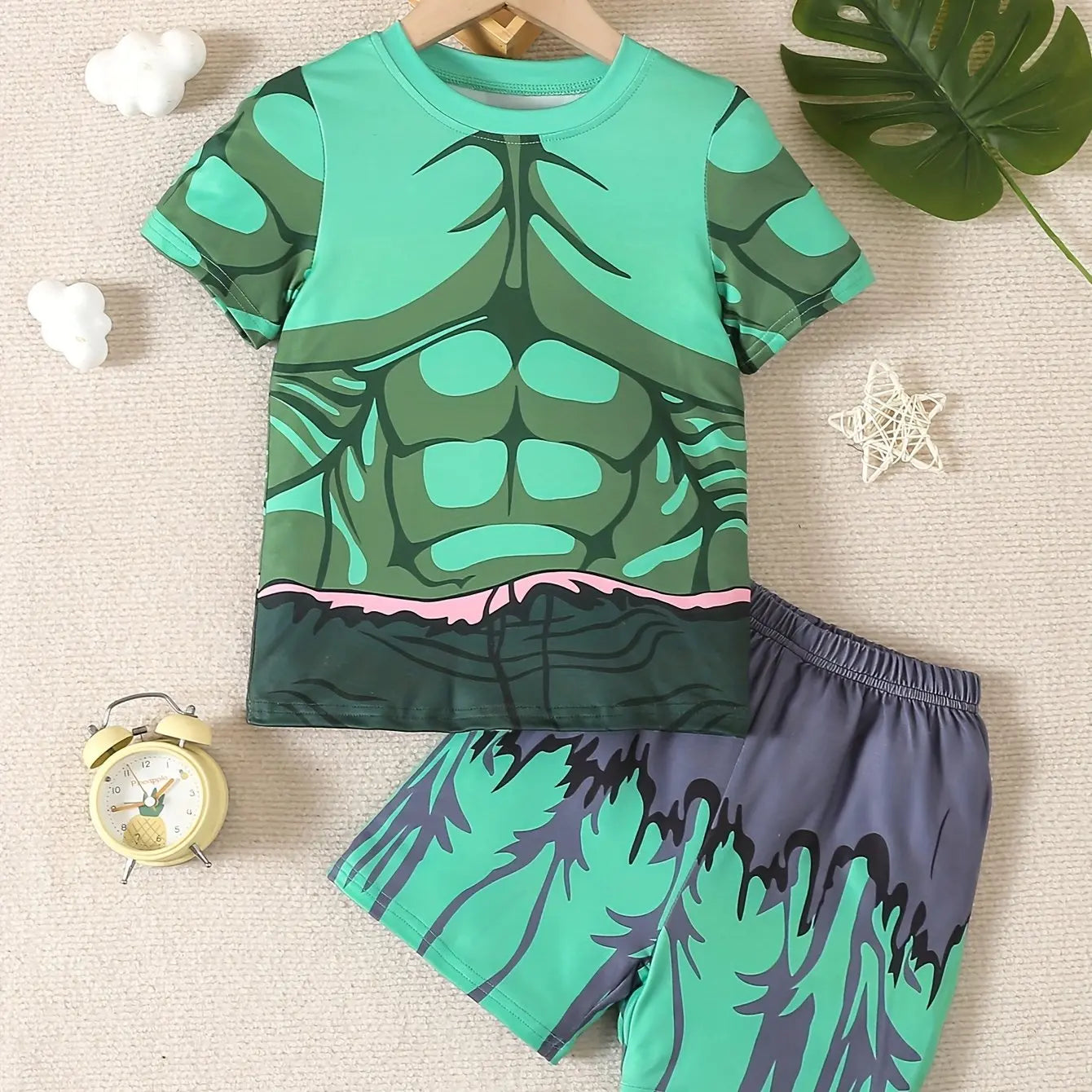 2024 Kids Clothes 2pcs Boys Funny Cartoon Graphic Print T-Shirt Shorts Set Stylish Comfortable Summer Children Dresses