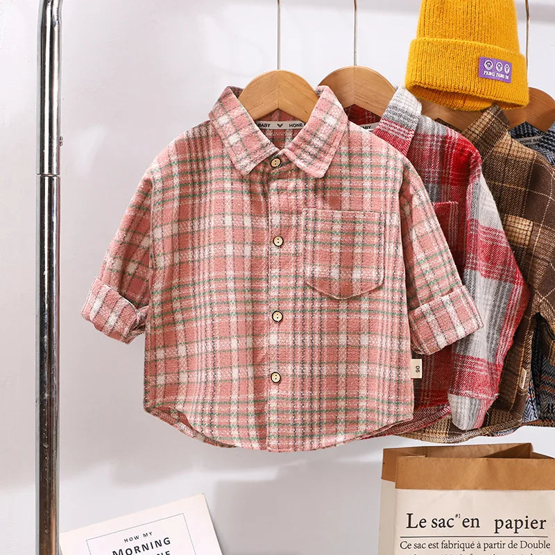 2025 Spring Children Boys Plaid Shirts Cotton Turn Down Collar Casual Toddler Kid Boy Coat Loose Long Sleeve Infant Baby Boy Top