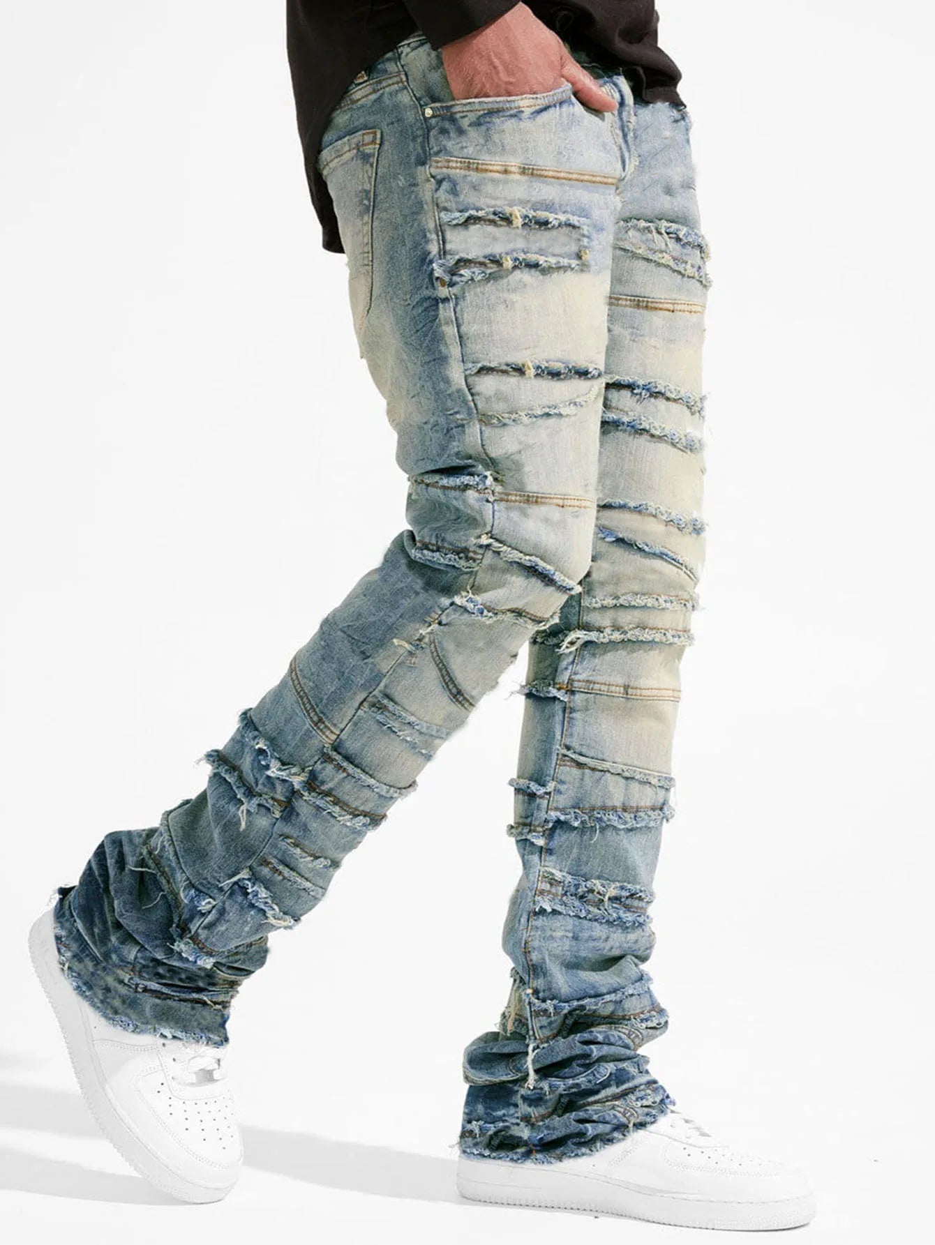 2025 New Stacked Jeans Men Patchworks Spliced Denim Ripped Wash Frayed Pants Male's Streetwear Men‘s Tassel motorcycle jeans