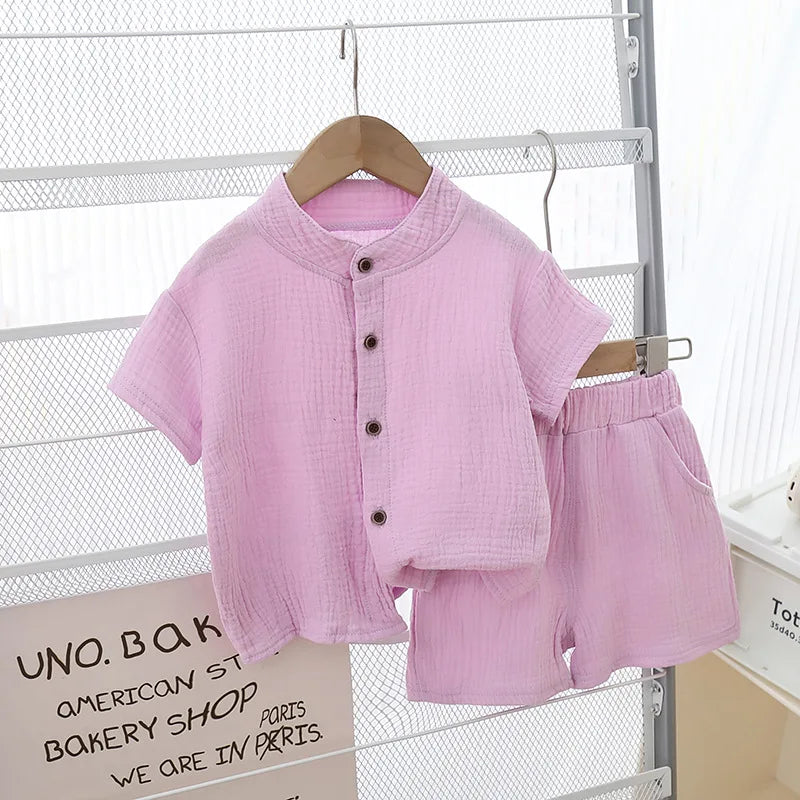 1Set Summer Boys Girls Clothing Sets Solid Pure Cotton T-shirts+Elasctic Shorts Kids Clothes Children Casual Clothing Sets