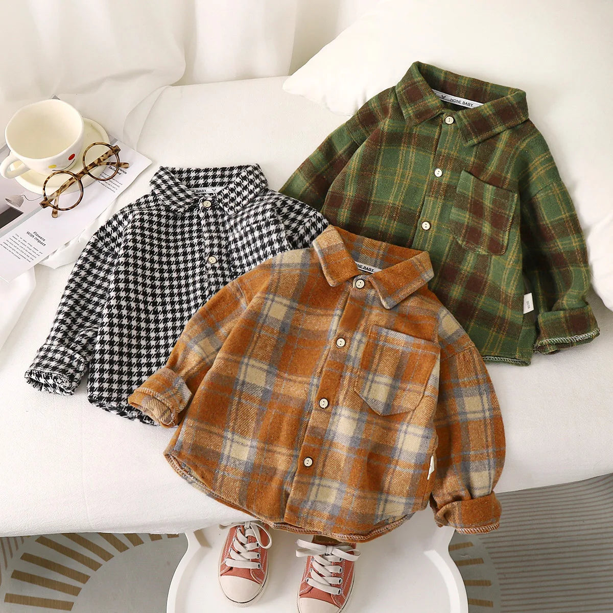 2025 Spring Children Boys Plaid Shirts Cotton Turn Down Collar Casual Toddler Kid Boy Coat Loose Long Sleeve Infant Baby Boy Top
