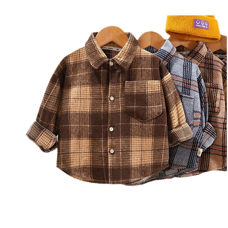 2025 Spring Children Boys Plaid Shirts Cotton Turn Down Collar Casual Toddler Kid Boy Coat Loose Long Sleeve Infant Baby Boy Top
