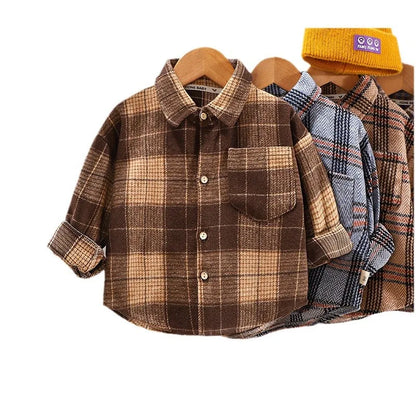 2025 Spring Children Boys Plaid Shirts Cotton Turn Down Collar Casual Toddler Kid Boy Coat Loose Long Sleeve Infant Baby Boy Top