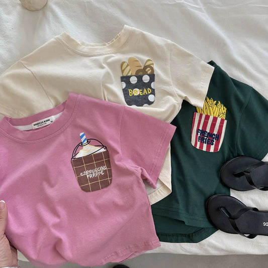 Children's Short Sleeve 2023 Summer New Boys and Girls Cartoon Pocket Short Sleeved T-shirt Baby Cute T-shirt Fashion