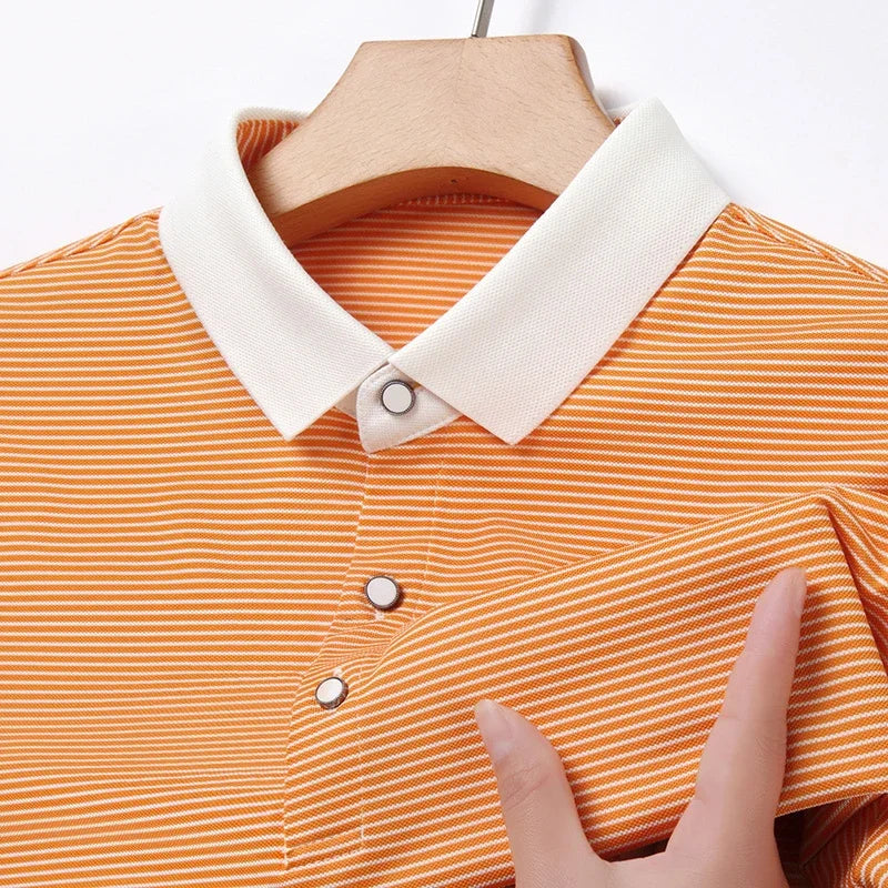 2024 Men's New Striped Cotton Business Casual Short Sleeved POLO Shirt Fashion Short Sleeved Comfortable and Breathable Top