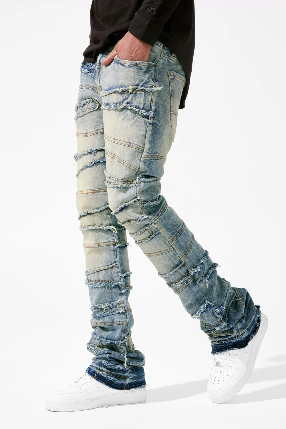 2025 New Stacked Jeans Men Patchworks Spliced Denim Ripped Wash Frayed Pants Male's Streetwear Men‘s Tassel motorcycle jeans