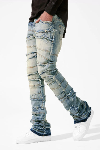 2025 New Stacked Jeans Men Patchworks Spliced Denim Ripped Wash Frayed Pants Male's Streetwear Men‘s Tassel motorcycle jeans