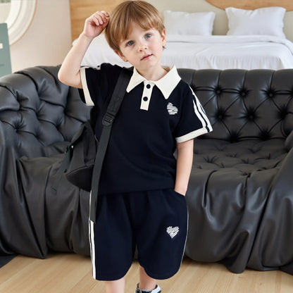 2025 Summer Children Boys 2PCS Clothes Set Cotton Love Little Boy Polo Shirts Suits Loose Casual Shorts Infant Baby Boys Outfits