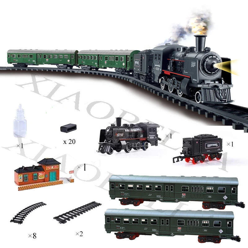 Electric Railway King Classical Passenger Train Simulation Water Steam Locomotive Playset Battery Operated Train Toy Smoke Sound
