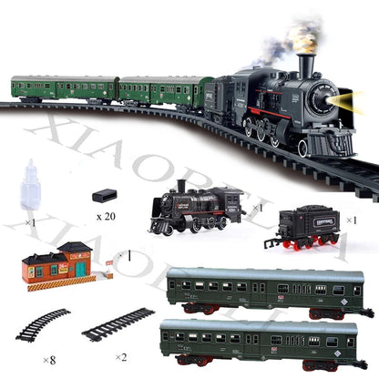 Electric Railway King Classical Passenger Train Simulation Water Steam Locomotive Playset Battery Operated Train Toy Smoke Sound