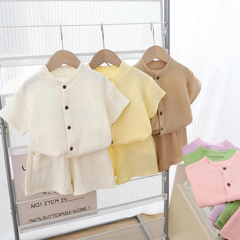 1Set Summer Boys Girls Clothing Sets Solid Pure Cotton T-shirts+Elasctic Shorts Kids Clothes Children Casual Clothing Sets