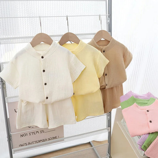 1Set Summer Boys Girls Clothing Sets Solid Pure Cotton T-shirts+Elasctic Shorts Kids Clothes Children Casual Clothing Sets