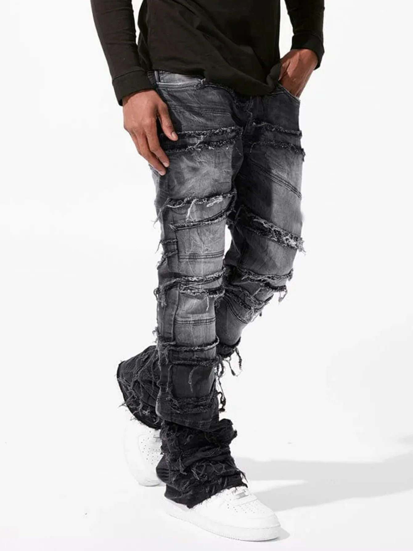 2025 New Stacked Jeans Men Patchworks Spliced Denim Ripped Wash Frayed Pants Male's Streetwear Men‘s Tassel motorcycle jeans