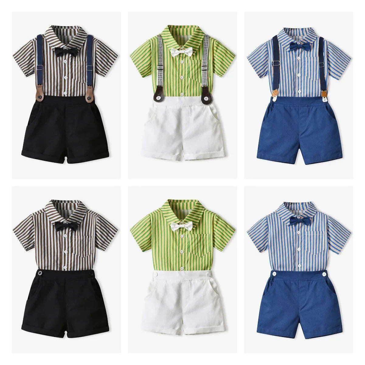 70-140cm Children Boys' Cotton Striped Short-sleeved Shirt and Shorts with Straps Set Baby Boy' Summer Outfits