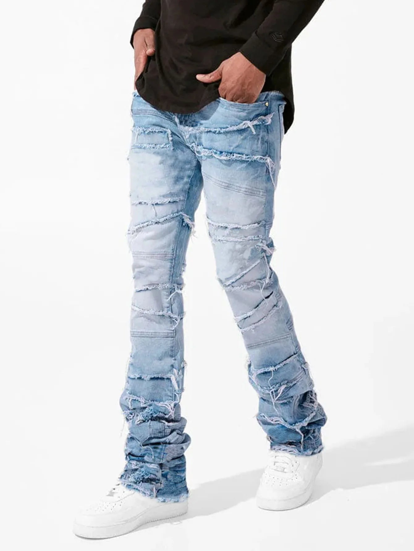 2025 New Stacked Jeans Men Patchworks Spliced Denim Ripped Wash Frayed Pants Male's Streetwear Men‘s Tassel motorcycle jeans