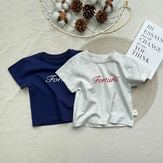 Korean Version Ins English Letter Round Neck Short Sleeved Shirt for Boys and Girls, Summer Style, Breathable Cotton Daily Style
