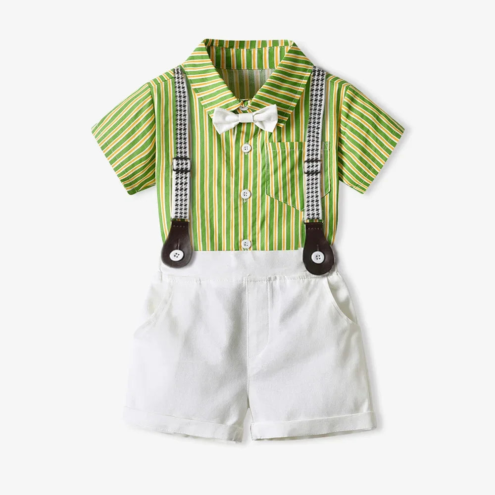 70-140cm Children Boys' Cotton Striped Short-sleeved Shirt and Shorts with Straps Set Baby Boy' Summer Outfits