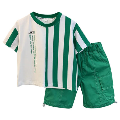 2025 UNITIM Summer Childrens Boys 2PCS Clothing Set Casual Striped Short Sleeve Top Solid Shorts Toddler Baby Boys Outfits