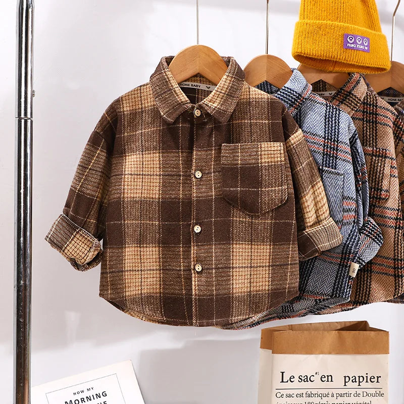 2025 Spring Children Boys Plaid Shirts Cotton Turn Down Collar Casual Toddler Kid Boy Coat Loose Long Sleeve Infant Baby Boy Top