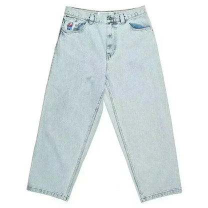Retro Blue Cartoon Embroidery Jeans Hip Hop Gothic Baggy Streetwear Polar Big Boy Jeans Mens Fashion Wide Leg Trouser