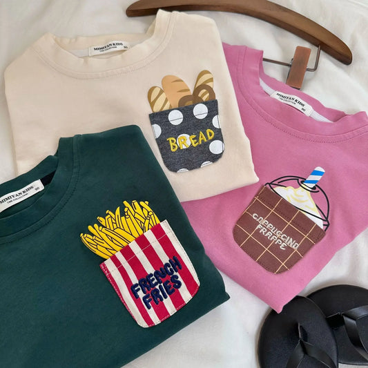 Children's Short Sleeve 2023 Summer New Boys and Girls Cartoon Pocket Short Sleeved T-shirt Baby Cute T-shirt Fashion