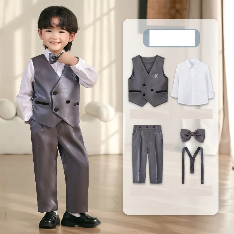 2025 Kids Sping Summer Evening Party Vest Dress Boys Formal Violin Piano Performance Suit Children Photograph Wedding Costume