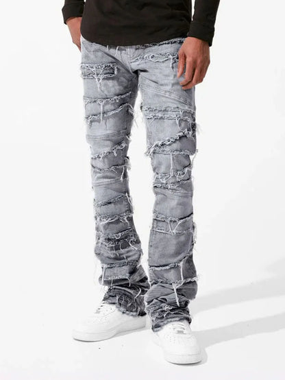 2025 New Stacked Jeans Men Patchworks Spliced Denim Ripped Wash Frayed Pants Male's Streetwear Men‘s Tassel motorcycle jeans