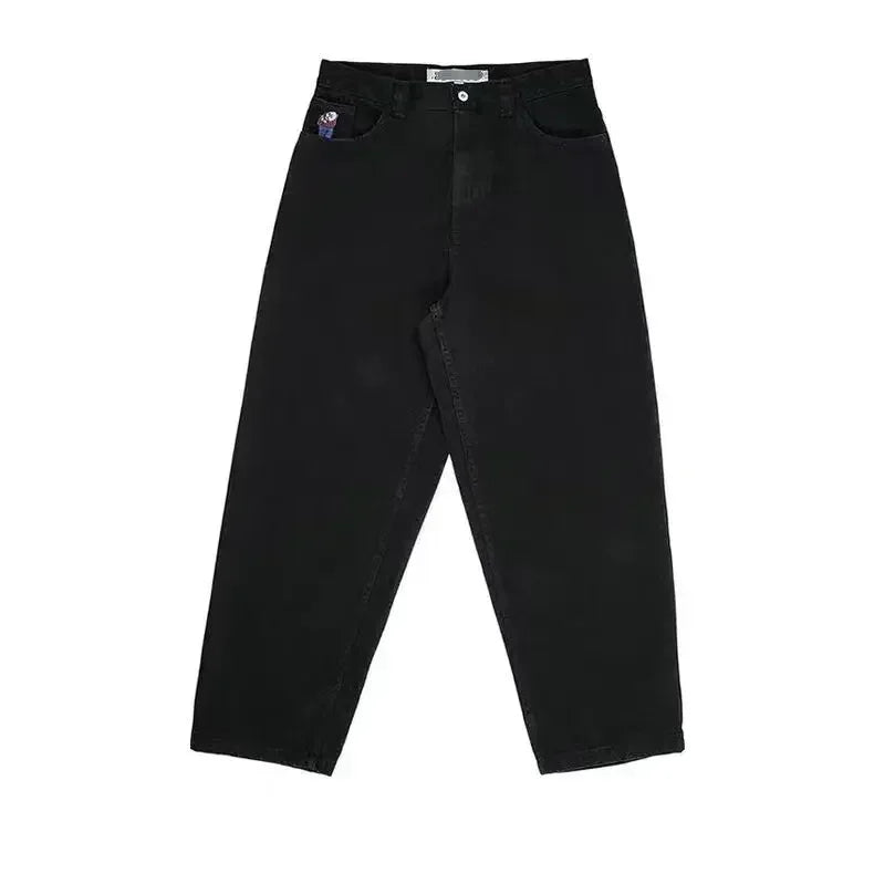 Retro Blue Cartoon Embroidery Jeans Hip Hop Gothic Baggy Streetwear Polar Big Boy Jeans Mens Fashion Wide Leg Trouser