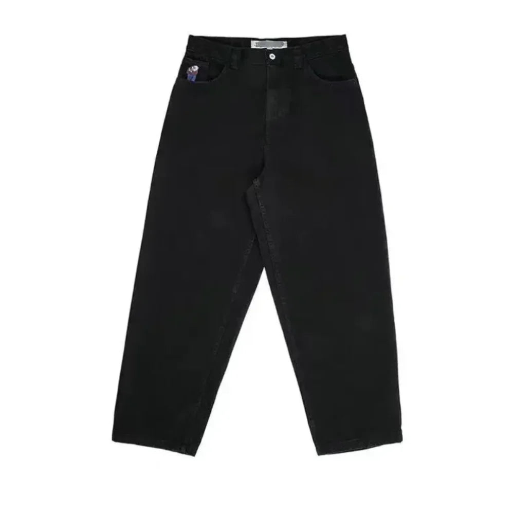 Retro Blue Cartoon Embroidery Jeans Hip Hop Gothic Baggy Streetwear Polar Big Boy Jeans Mens Fashion Wide Leg Trouser