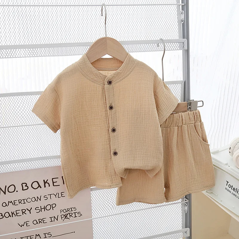 1Set Summer Boys Girls Clothing Sets Solid Pure Cotton T-shirts+Elasctic Shorts Kids Clothes Children Casual Clothing Sets