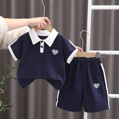 2025 Summer Children Boys 2PCS Clothes Set Cotton Love Little Boy Polo Shirts Suits Loose Casual Shorts Infant Baby Boys Outfits
