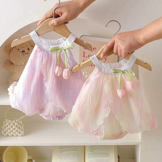 Adorable Baby Girls' Tulip Decor Inspired Iridescent Halter Sling Princess Romper Dress Soft and Soft for 0 - 2 Y girls dress