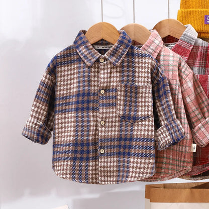 2025 Spring Children Boys Plaid Shirts Cotton Turn Down Collar Casual Toddler Kid Boy Coat Loose Long Sleeve Infant Baby Boy Top