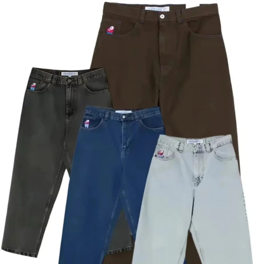 Retro Blue Cartoon Embroidery Jeans Hip Hop Gothic Baggy Streetwear Polar Big Boy Jeans Mens Fashion Wide Leg Trouser