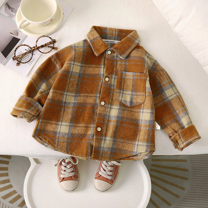 2025 Spring Children Boys Plaid Shirts Cotton Turn Down Collar Casual Toddler Kid Boy Coat Loose Long Sleeve Infant Baby Boy Top
