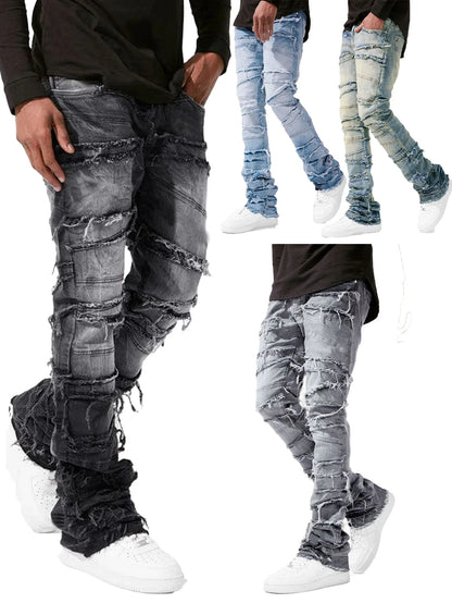 2025 New Stacked Jeans Men Patchworks Spliced Denim Ripped Wash Frayed Pants Male's Streetwear Men‘s Tassel motorcycle jeans