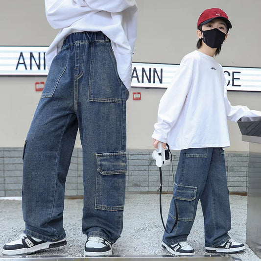 Spring Autumn Teenager Boys Jeans Pocket Casual Denim Kids Boys Wide Leg Loose Pants Childrens Boys Straight Leg Pants